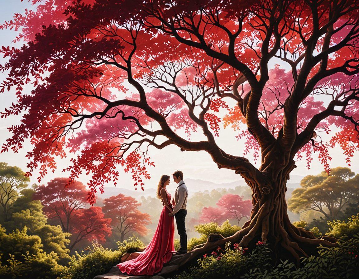 A vivid tapestry depicting intertwined heartstrings amidst a serene landscape, symbolizing deep romantic connection. Include gentle colors of red and pink, with soft light filtering through a canopy of lush trees. The background features silhouettes of couples holding hands, immersed in nature's beauty, evoking a sense of devotion and love. Elegant, flowing patterns weave throughout the composition, drawing the viewer's eye. super-realistic. vibrant colors. intricate details.