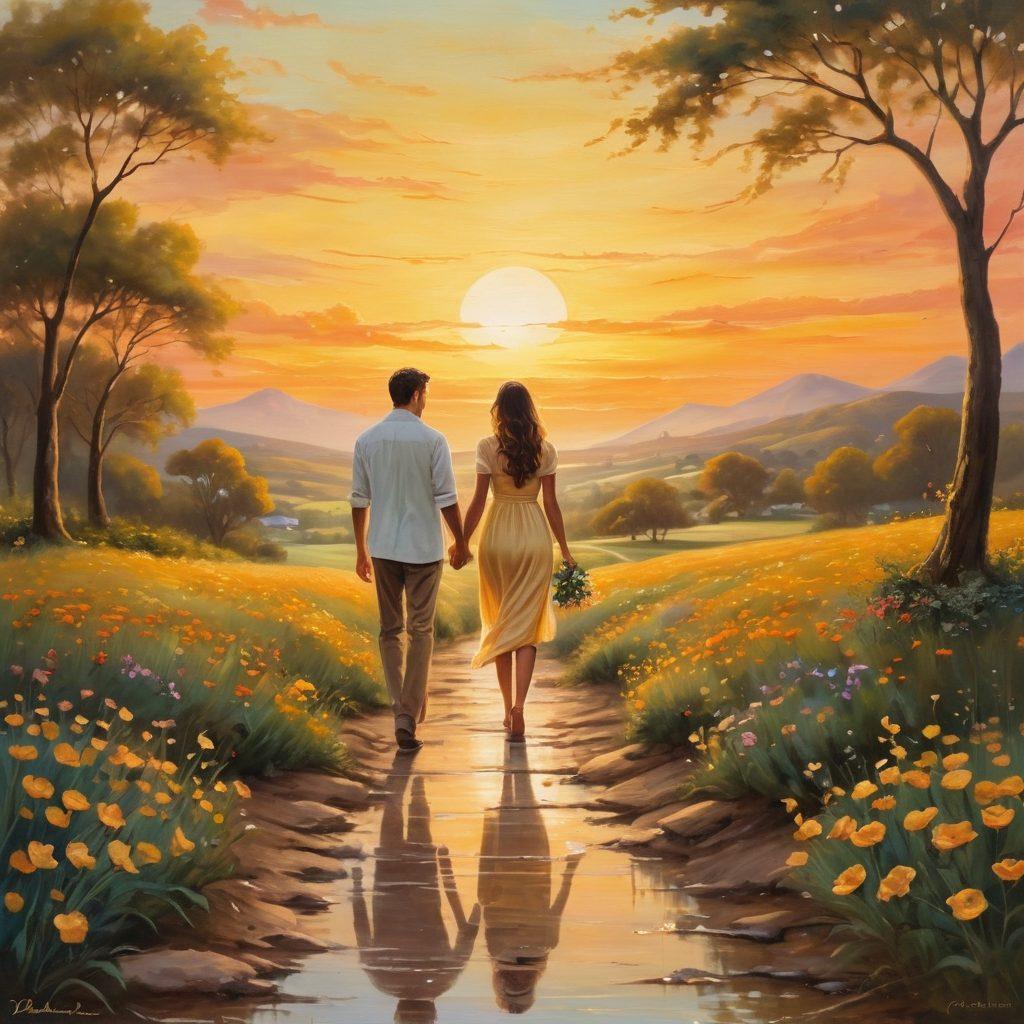 A heartwarming illustration of two people walking hand in hand through a serene sunset landscape, with soft golden hues reflecting their smiles. Include subtle symbols of love like intertwined hearts and blooming flowers along their path. The image should evoke feelings of affection and commitment, capturing the essence of a romantic journey. whimsical painting. warm colors. dreamy atmosphere.