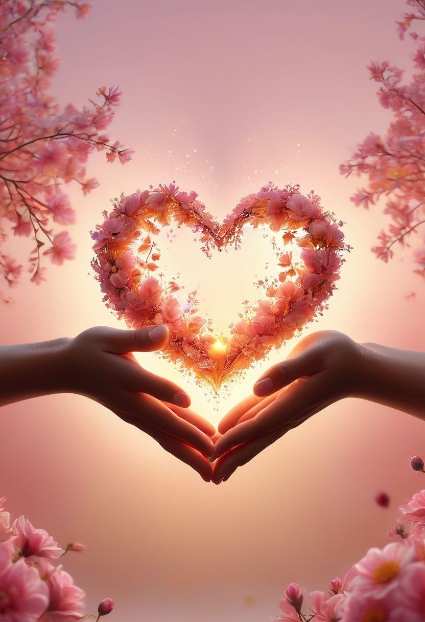 A warm, glowing flame shaped like a heart, surrounded by tender hands reaching out to nurture it. Delicate petals of flowers are gently placed around the flame, symbolizing compassion and romance. The background is a soft gradient of pink and gold, enhancing the warmth of the scene. Include gentle sparkles to evoke a magical atmosphere. vibrant colors. super-realistic.